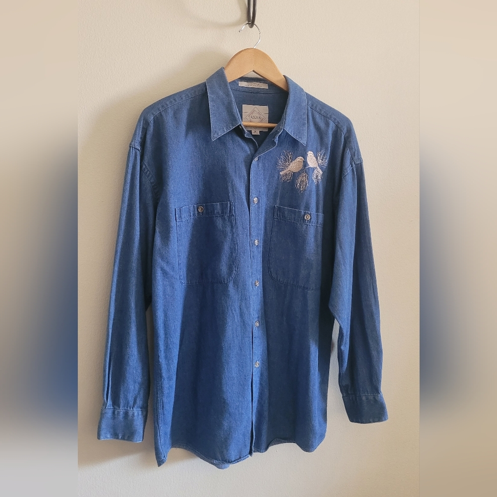 Vtg AXXA Embroidered Denim Button Down, Women's 16, Blue Jean
